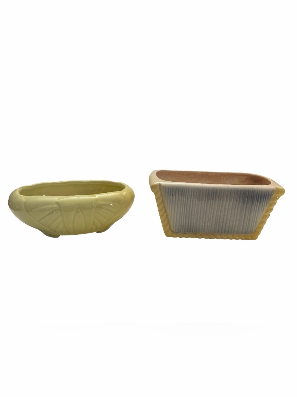 Vintage Ceramic 7” Planter Pair Oval & Rectangular Green & Soft Yellow
